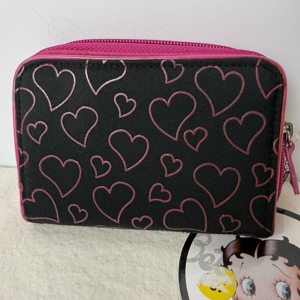 VTG Betty Boop Zip Around‎ Wallet Clutch Coin Purse Pink Black Hearts NWT 2005